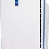 アイリスオーヤマ PMAC-100 本体。ホワイトに青いラインが入ったスクエア型デザイン、PM2.5対応ラベル付き