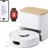 SwitchBot ロボット掃除機 K11+ 本体とゴミ収集ステーション、スマートフォンアプリのマップ画面とスマートウォッチ連携イメージ